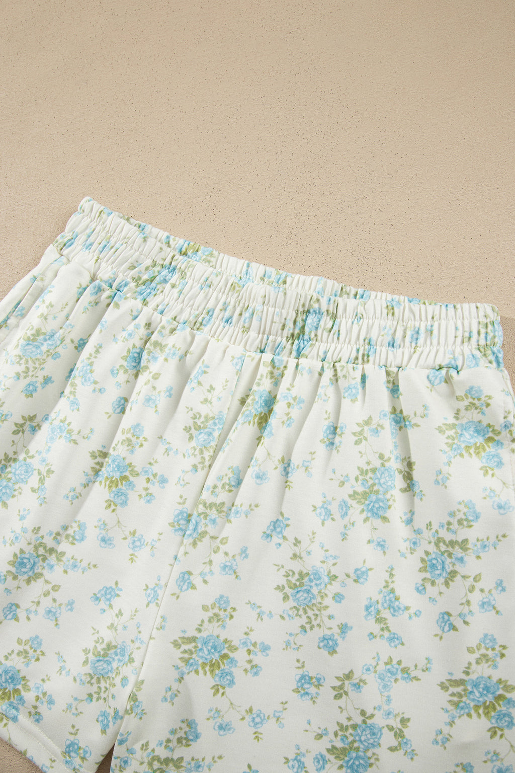 Pink Floral Print Short Sleeve Elastic Waist Pocket Casual Two Piece Short Sets