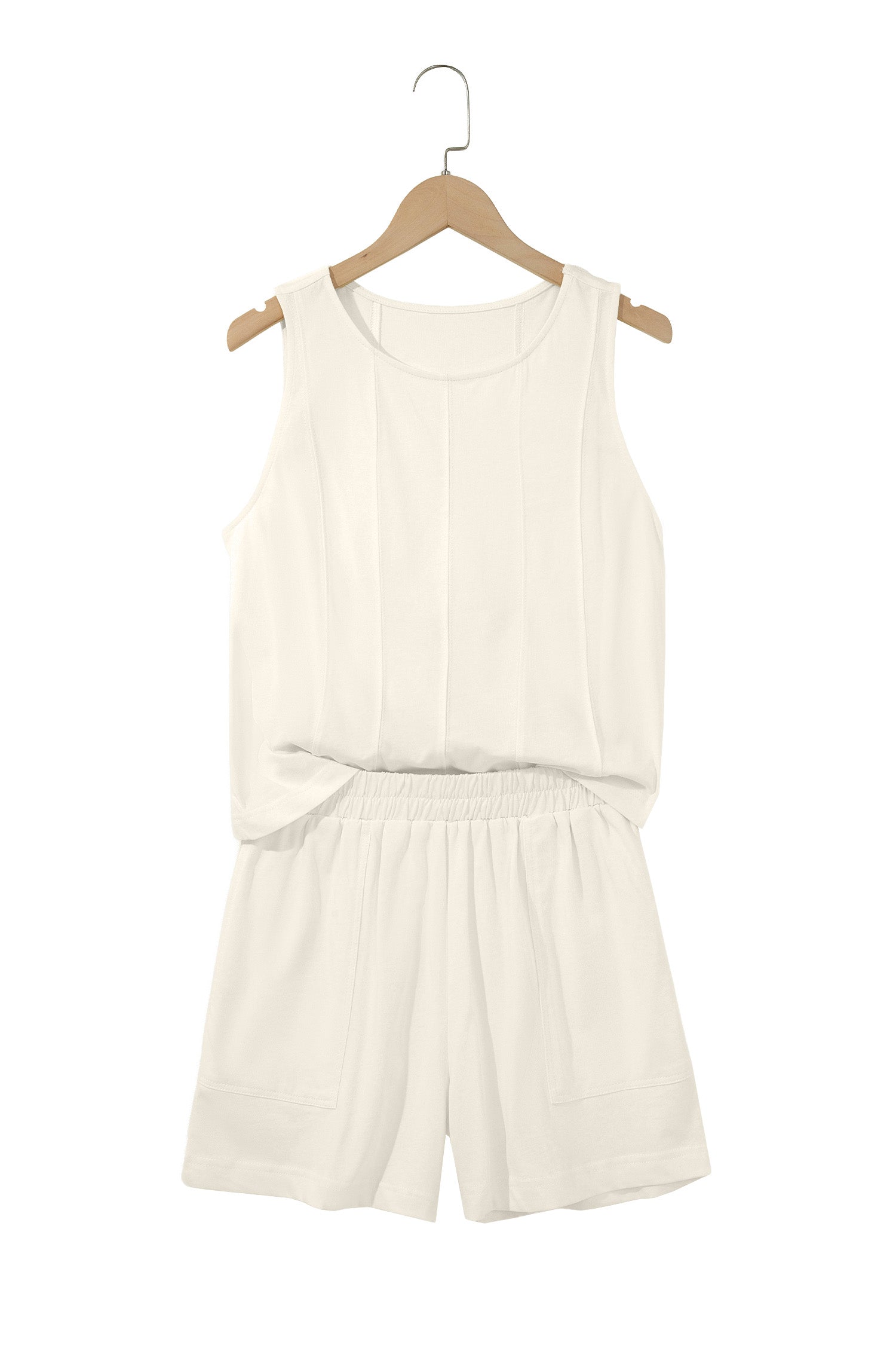 Beige Stitched Detail Loose Tank Top Cotton 2pcs Short Set