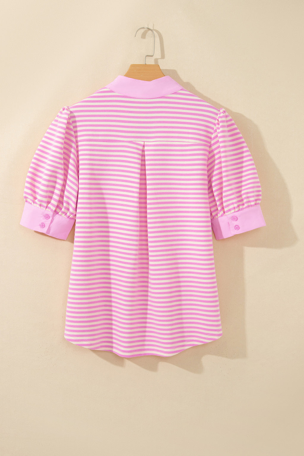 Pink Stripe Color Block Detail Split Neck Short Sleeve Blouse