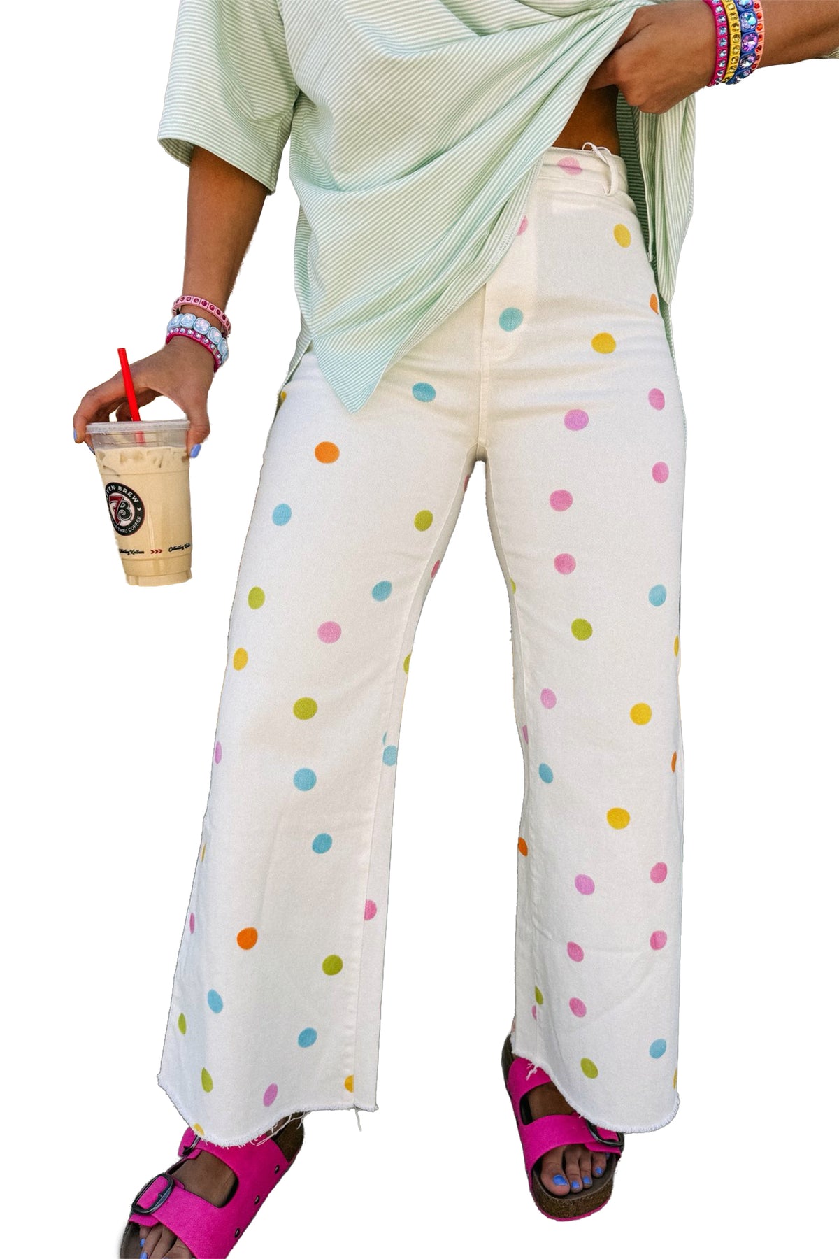 White High Waist Polka Dot Straight Leg Casual Jeans