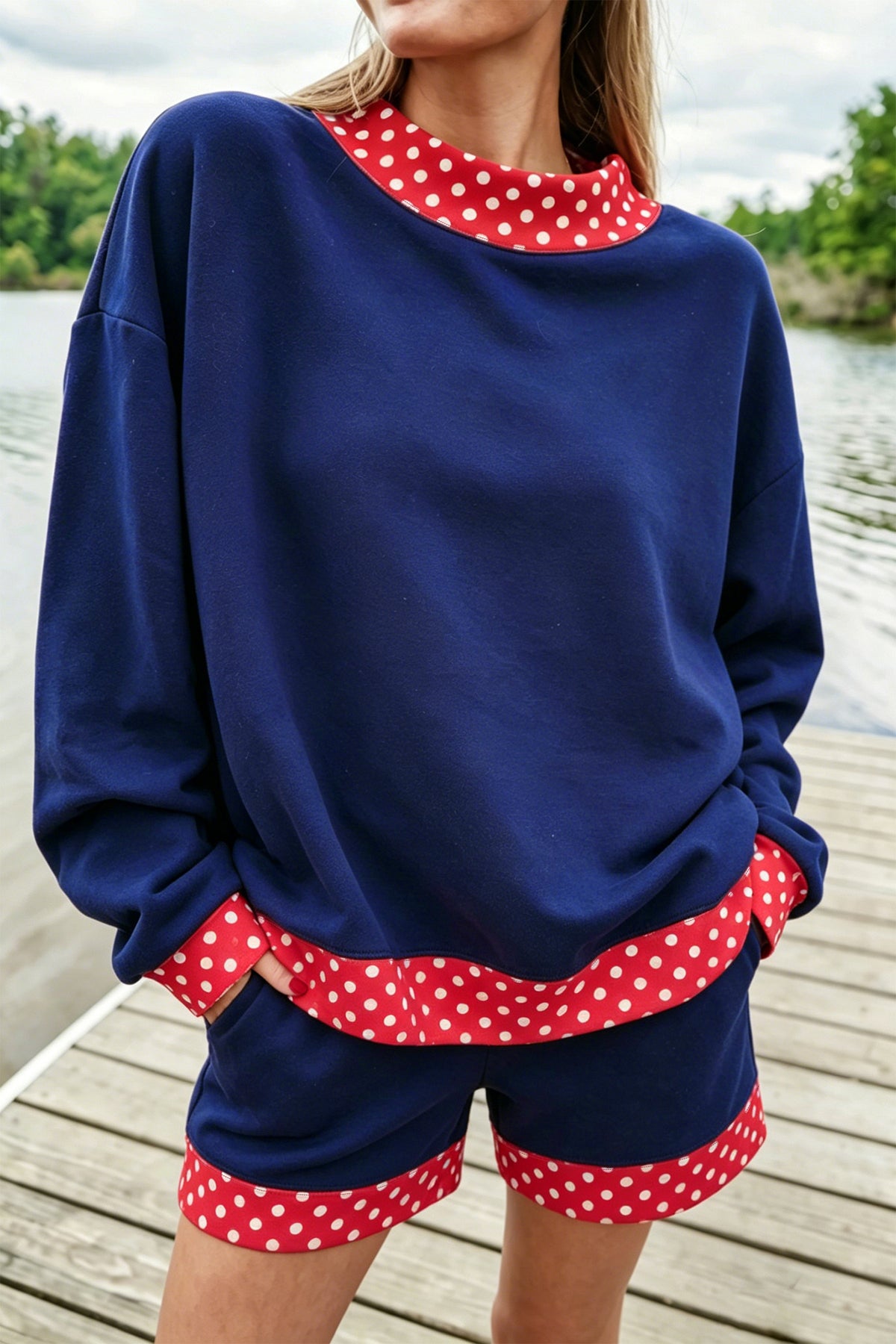 Bright Green Polka Dot Trim Baggy Pullover 2pcs Short Set
