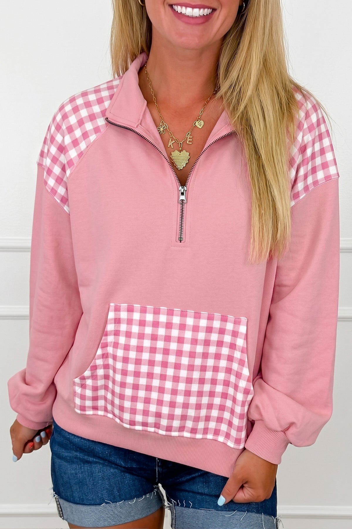 Navy Blue Patchwork Plaid Pocket Quarter Zip Sweatshirt