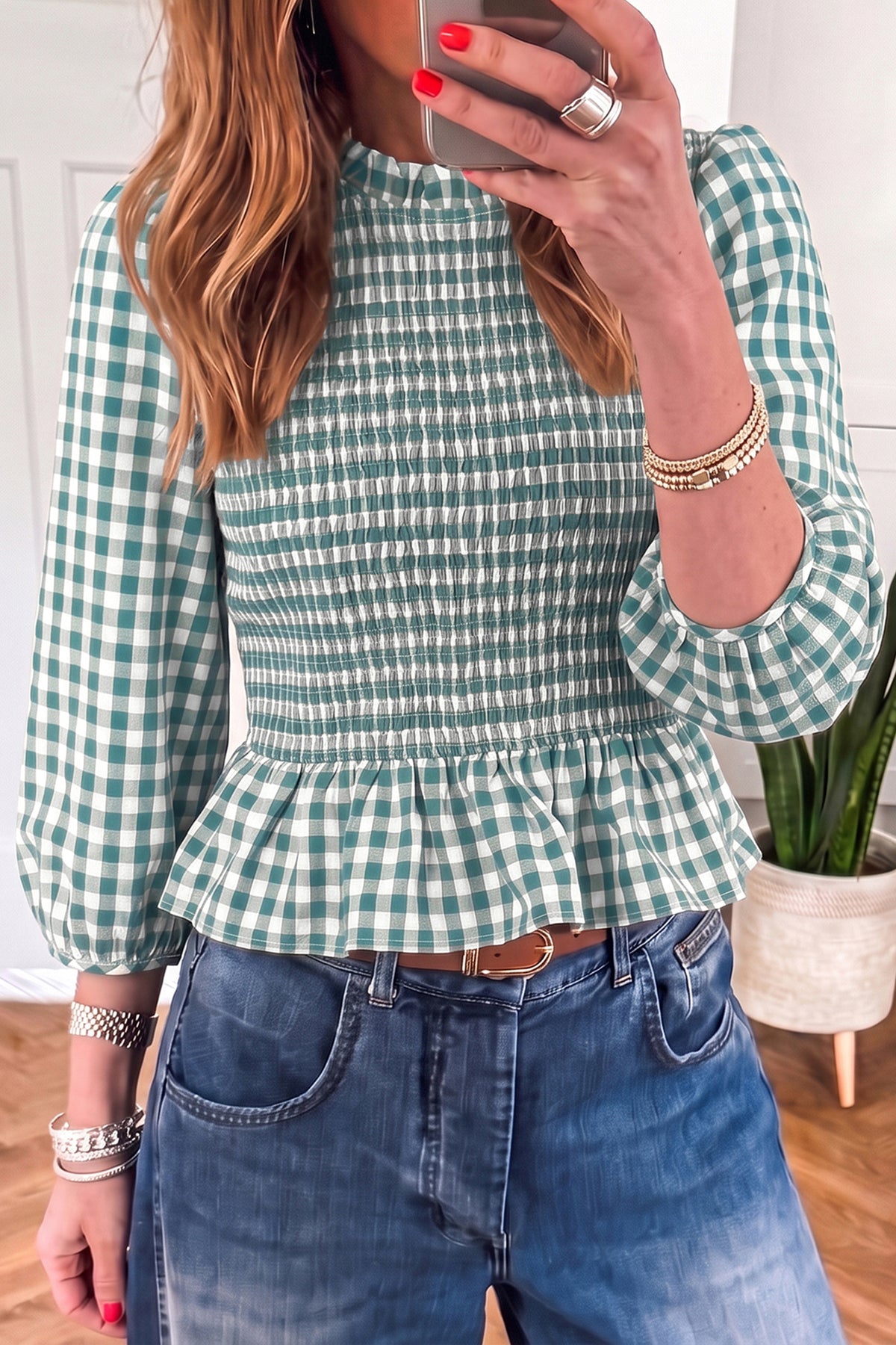 Red 3/4 Sleeve Shirred Plaid Peplum Top