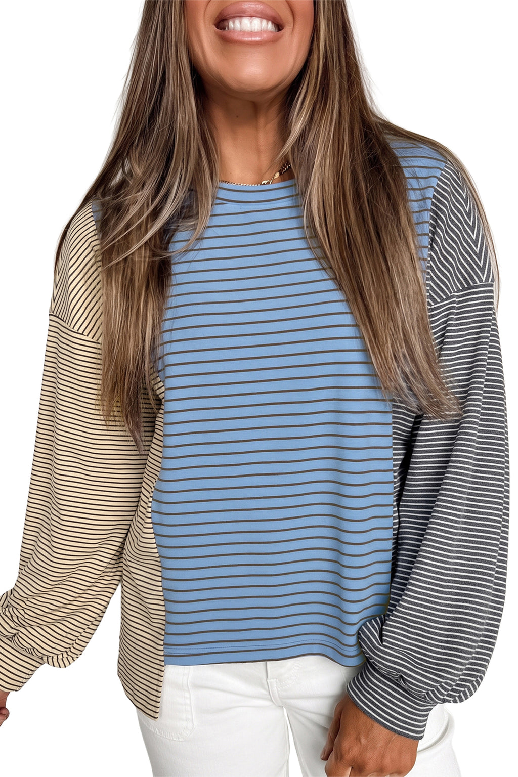 Sky Blue Stripe Color Block Contrast Long Sleeve Round Neck Casual Shift Pullover