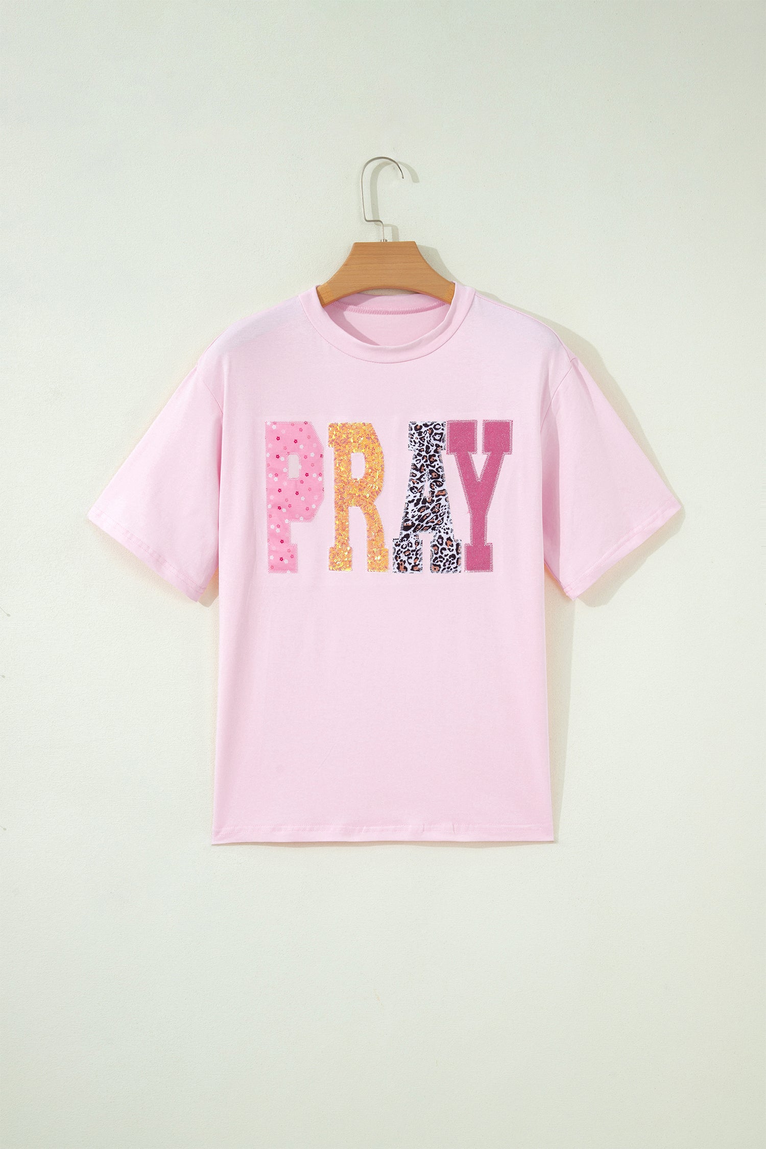 Pink PRAY Sequin Leopard Multiple Patched Graphic Tee