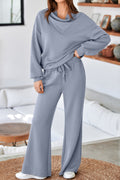 Dusk Blue Solid Color Cowl Neck Drawstring Pullover Wide Leg Athleisure Pants Set