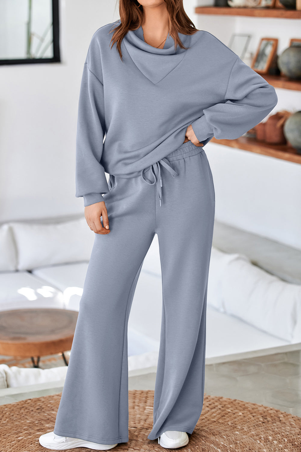 Dusk Blue Solid Color Cowl Neck Drawstring Pullover Wide Leg Athleisure Pants Set