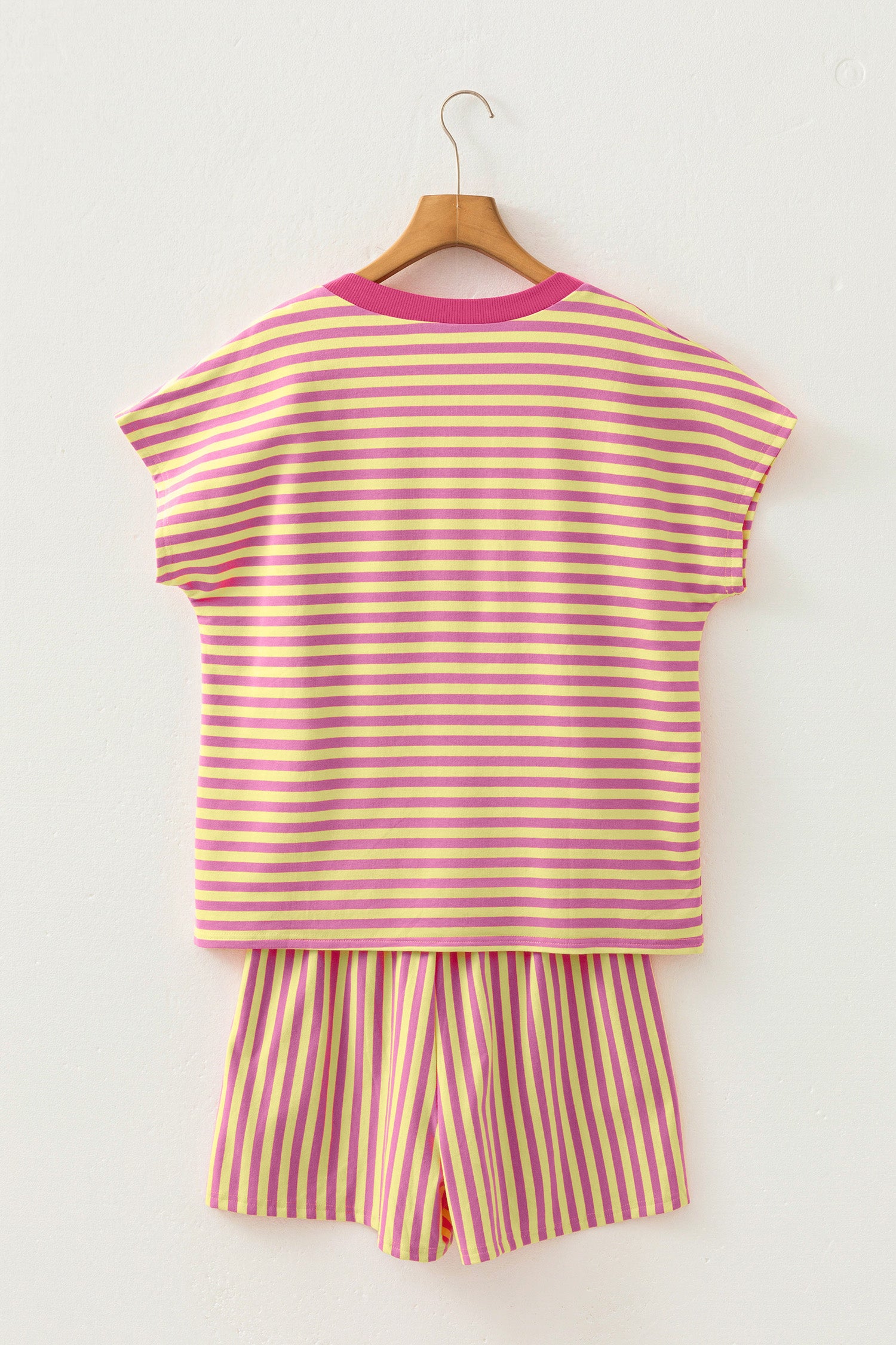 Pink Stripe Colorblock Trim V Neck Tee Drawstring Elastic Waist Short Set