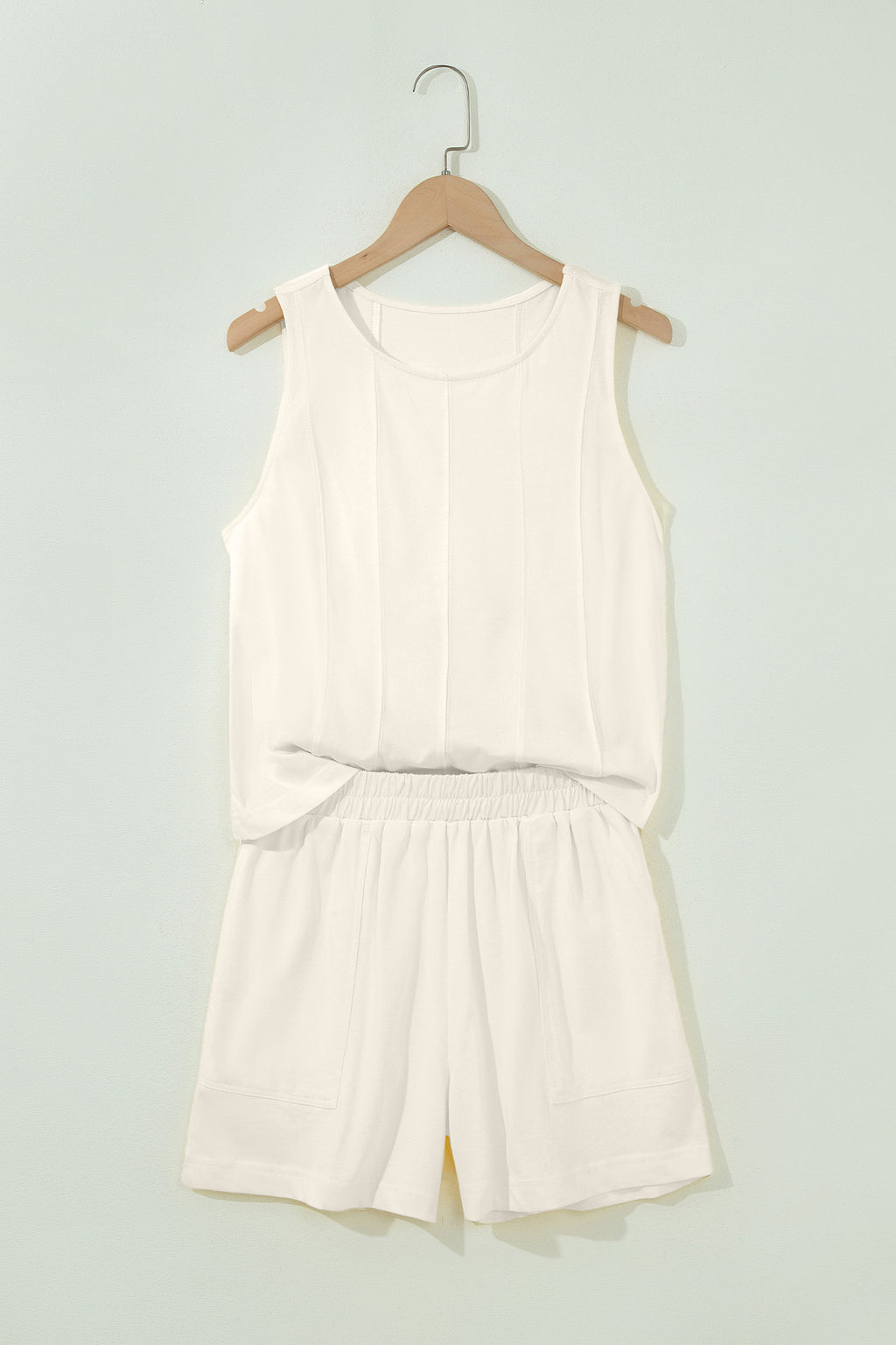 Beige Stitched Detail Loose Tank Top Cotton 2pcs Short Set