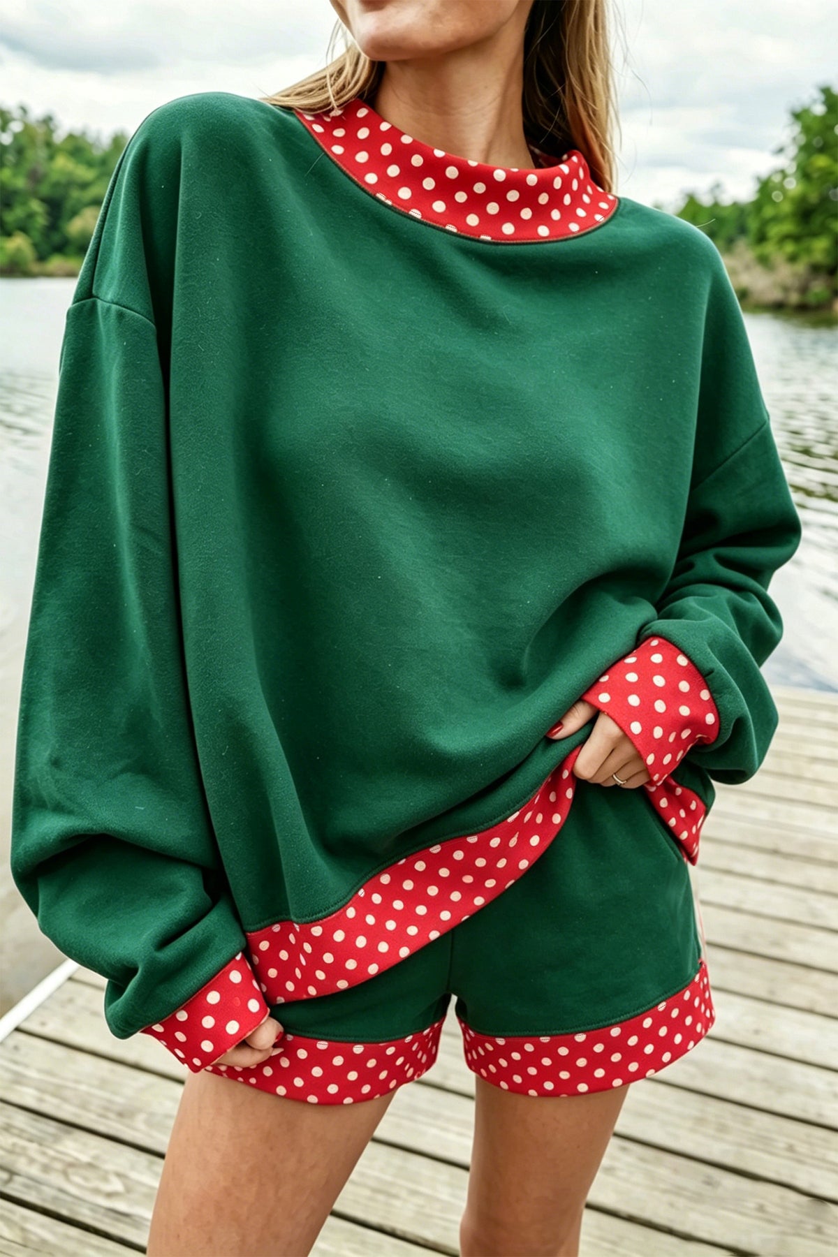 Bright Green Polka Dot Trim Baggy Pullover 2pcs Short Set