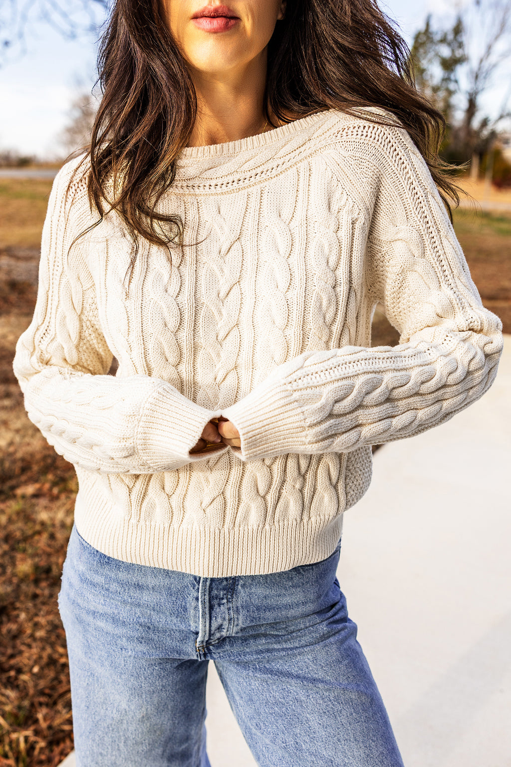 Beige Drop Shoulder Round Neck Cable Knit Sweater