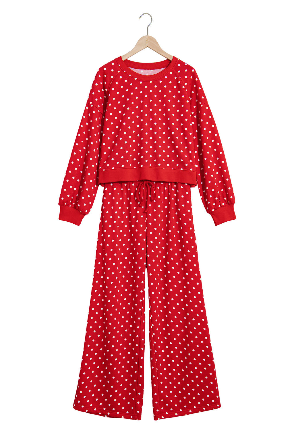 Blue Polka Dot Drawstring Wide Leg Long Sleeve Top Pant Set