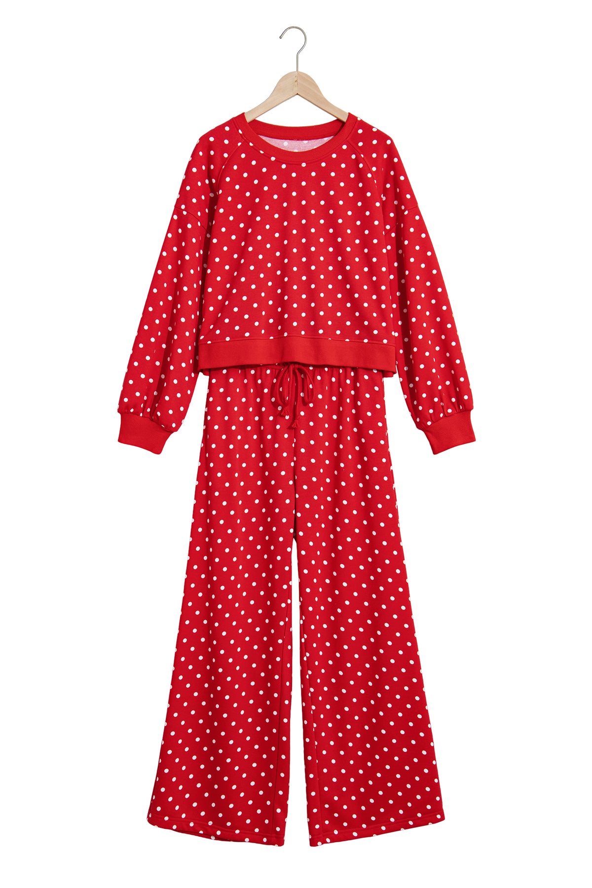 Blue Polka Dot Drawstring Wide Leg Long Sleeve Top Pant Set