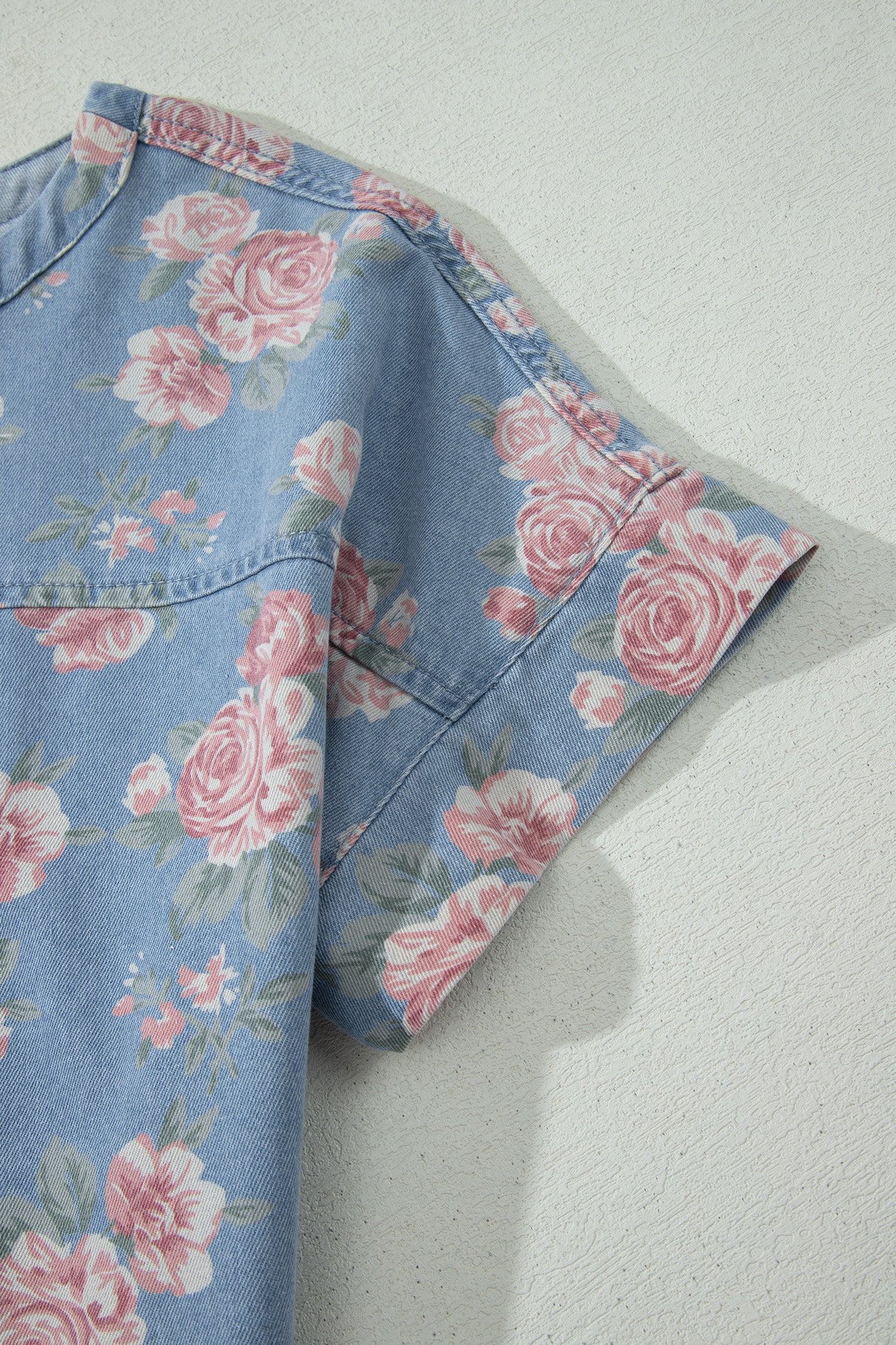 Sky Blue Floral Denim Short Sleeve Top Loose Shorts 2pcs Set