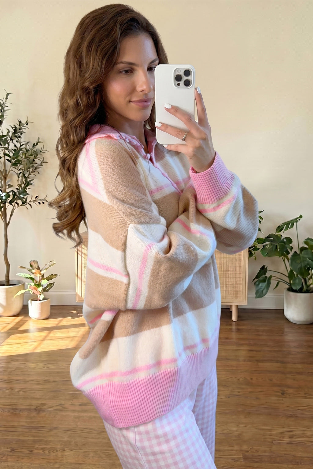 Khaki Stripe Striped Drop Shoulder Button Placket Long Sleeve Sweater