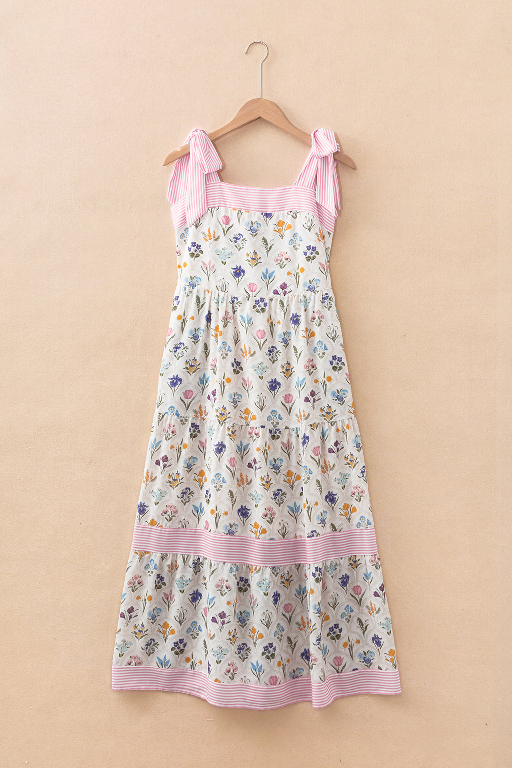 Multicolour Floral Print Striped Detail Knot Straps Maxi Dress