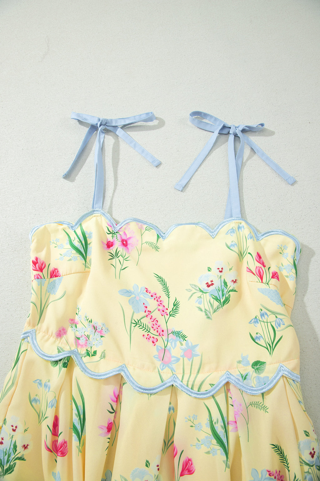 Yellow Floral Print Contrast Trim Self-tie Straps High Waist Midi Dress