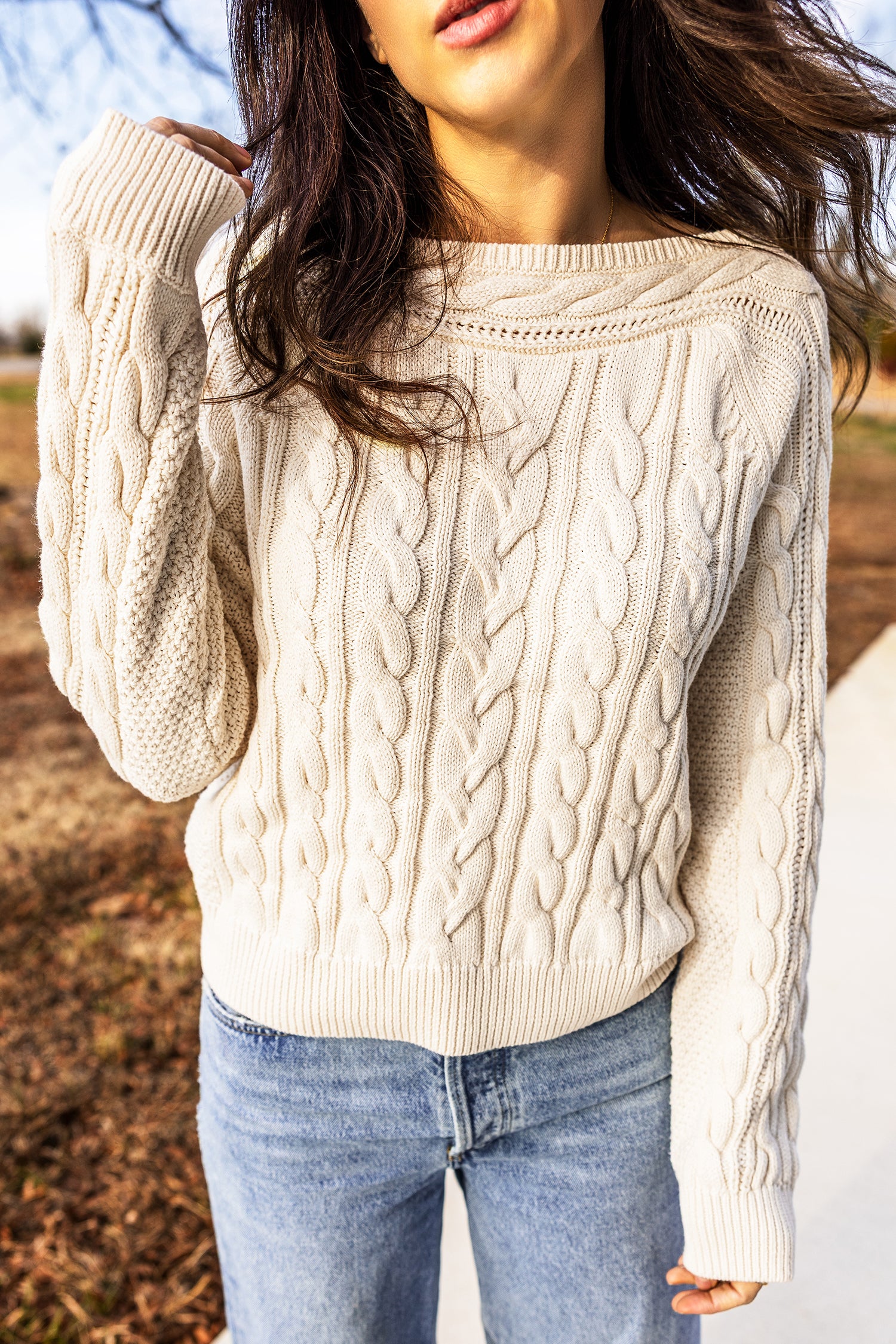 Beige Drop Shoulder Round Neck Cable Knit Sweater