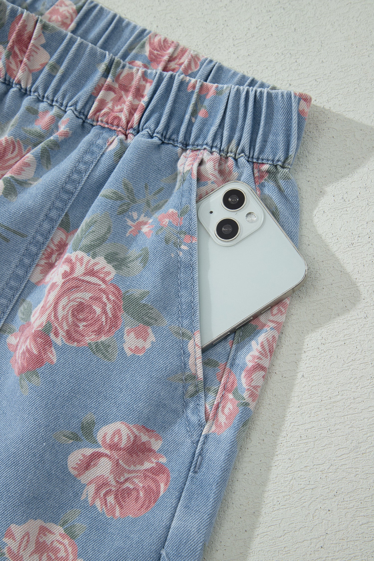 Sky Blue Floral Denim Short Sleeve Top Loose Shorts 2pcs Set