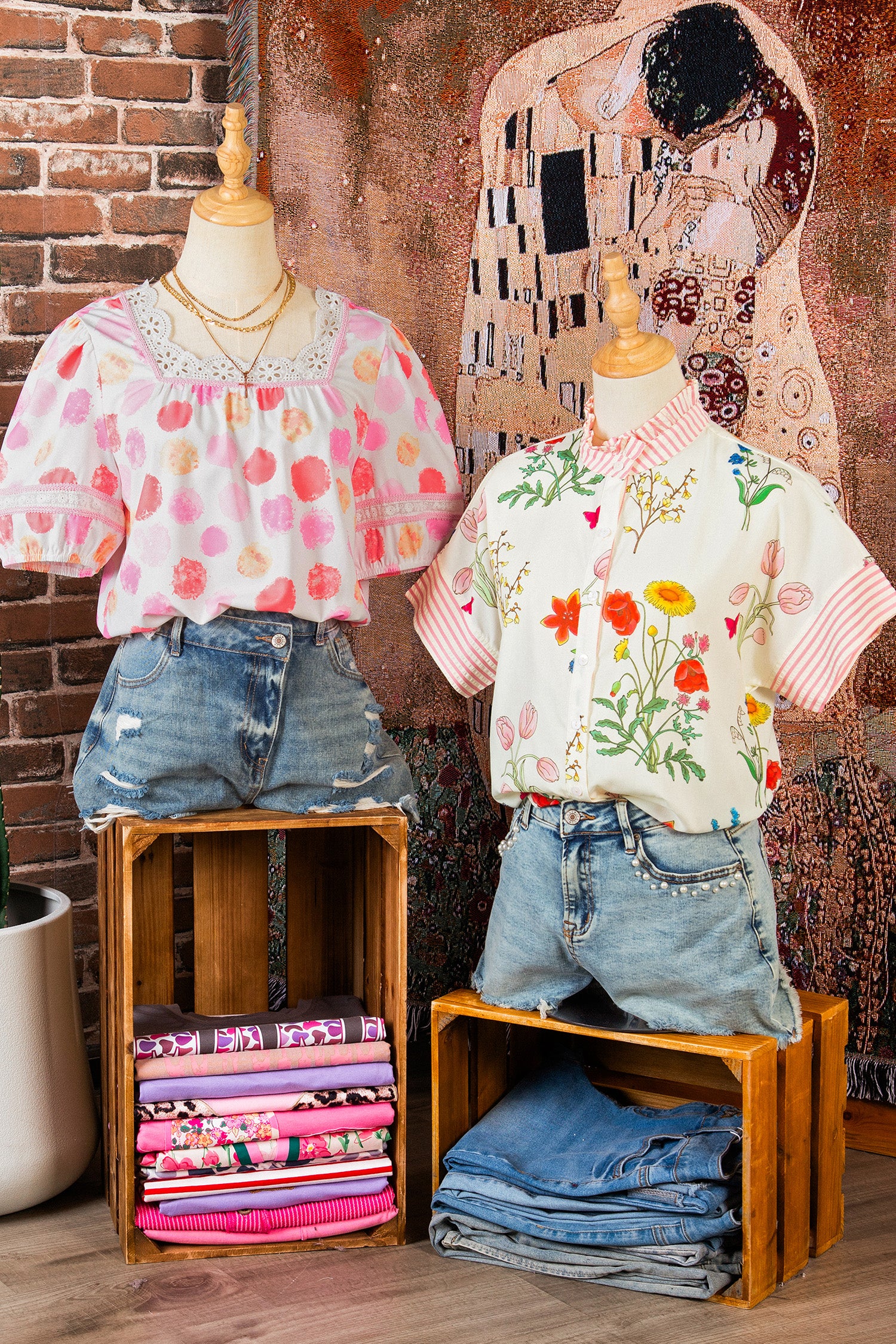 Pink Polka Dot Lace Trim Square Neck Puff Sleeve Blouse