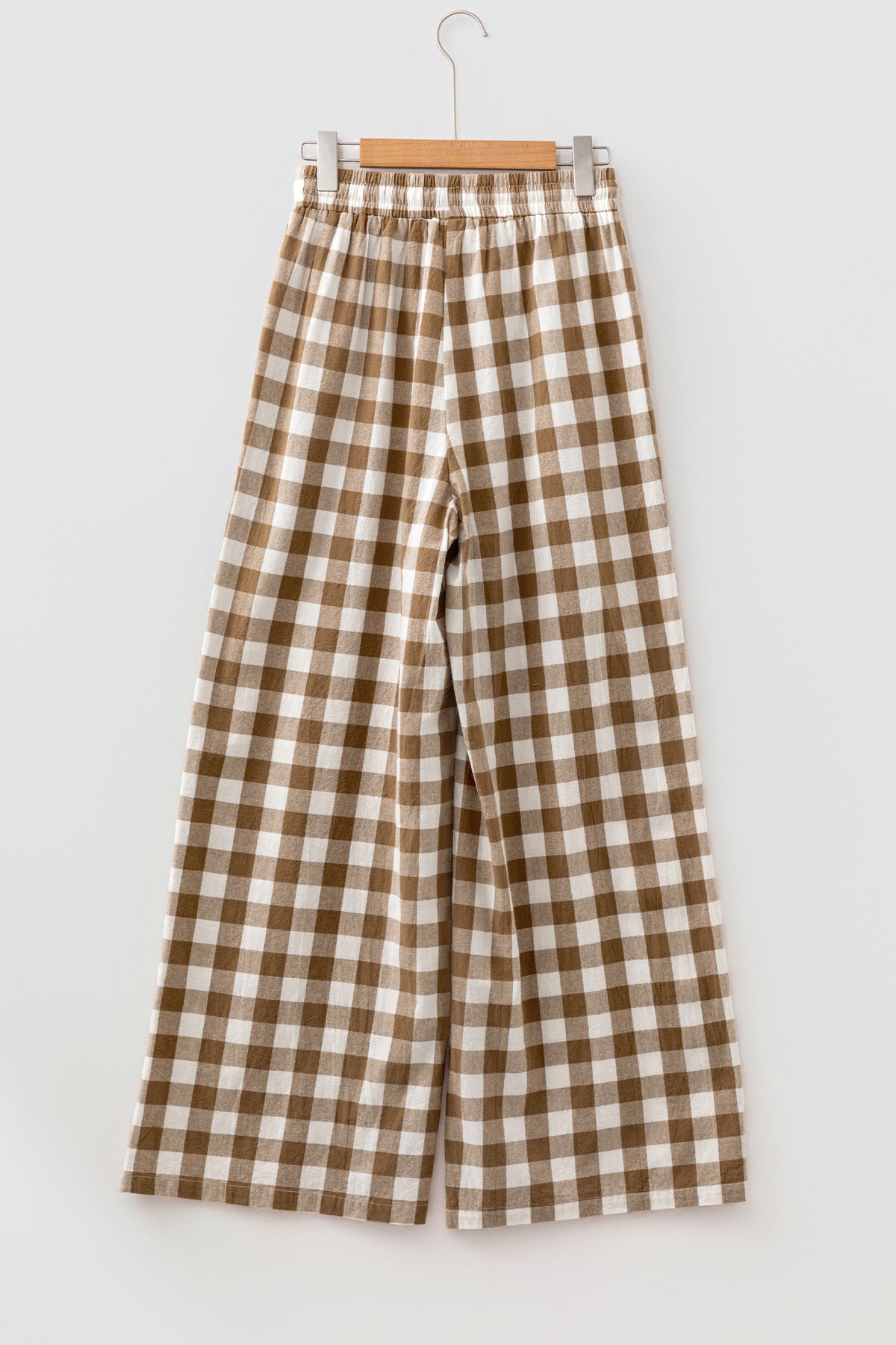 Brown Gingham Plaid Tie Elastic Waist Shift Pants