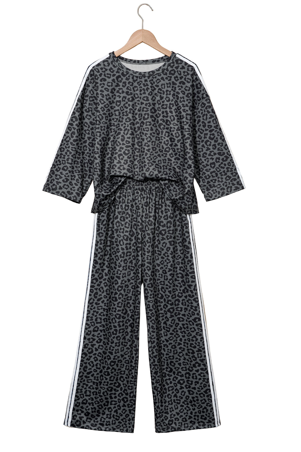 Apricot Leopard Print Varsity Striped Detail 3/4 Sleeve Top Shift Pant Set