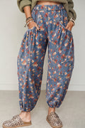 Beau Blue Retro Floral Print Elastic Waist Pocketed Barrel Jeans