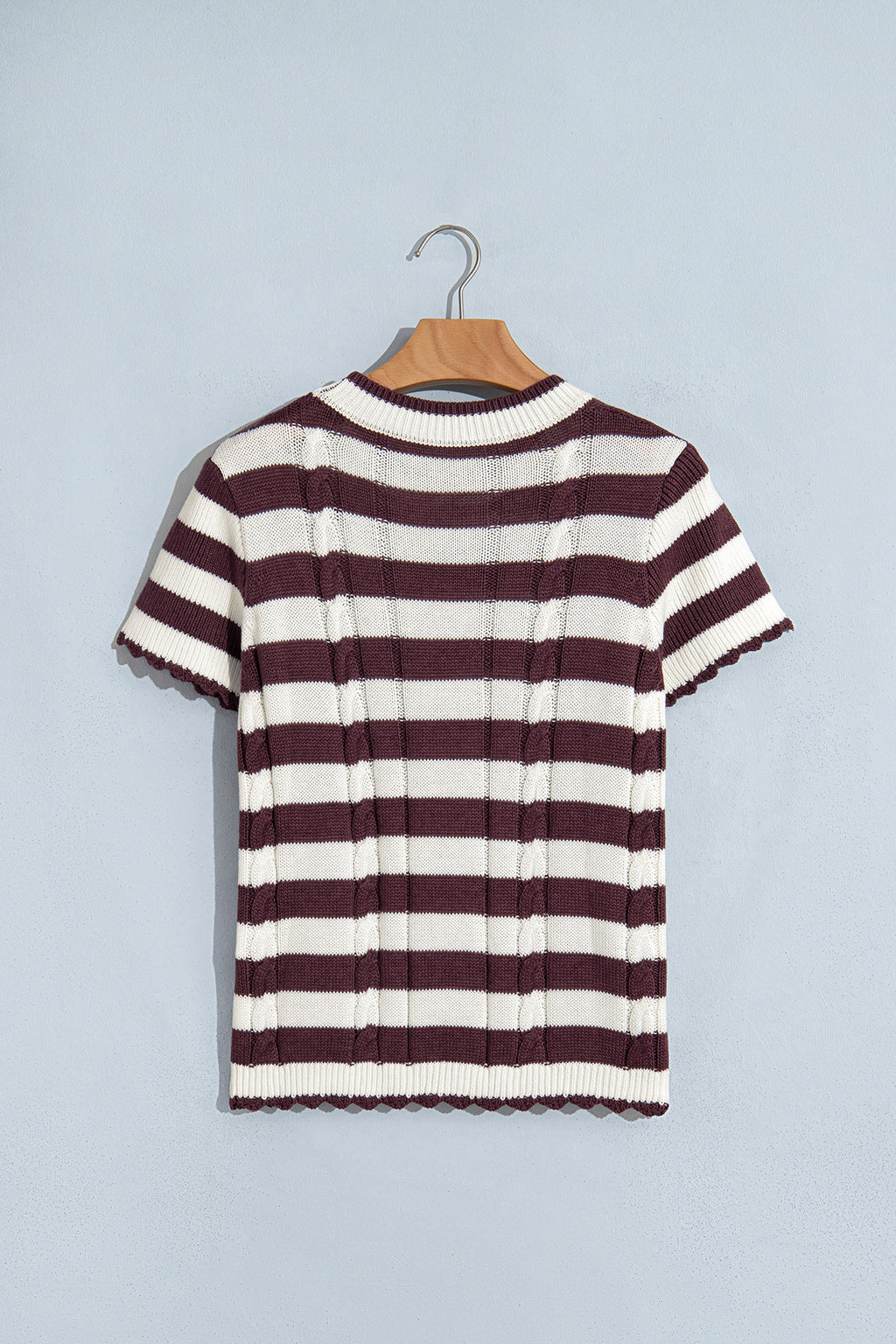 Brown Stripe Ribbed Knit Cable Detail Short Sleeve Sweater