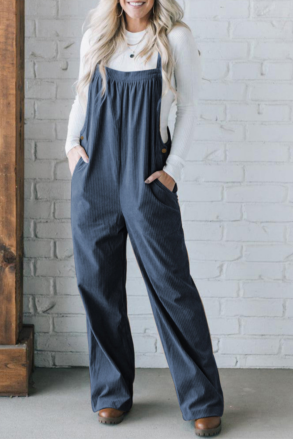 Real Teal Button Adjustable Straps Solid Color Corduroy Jumpsuit