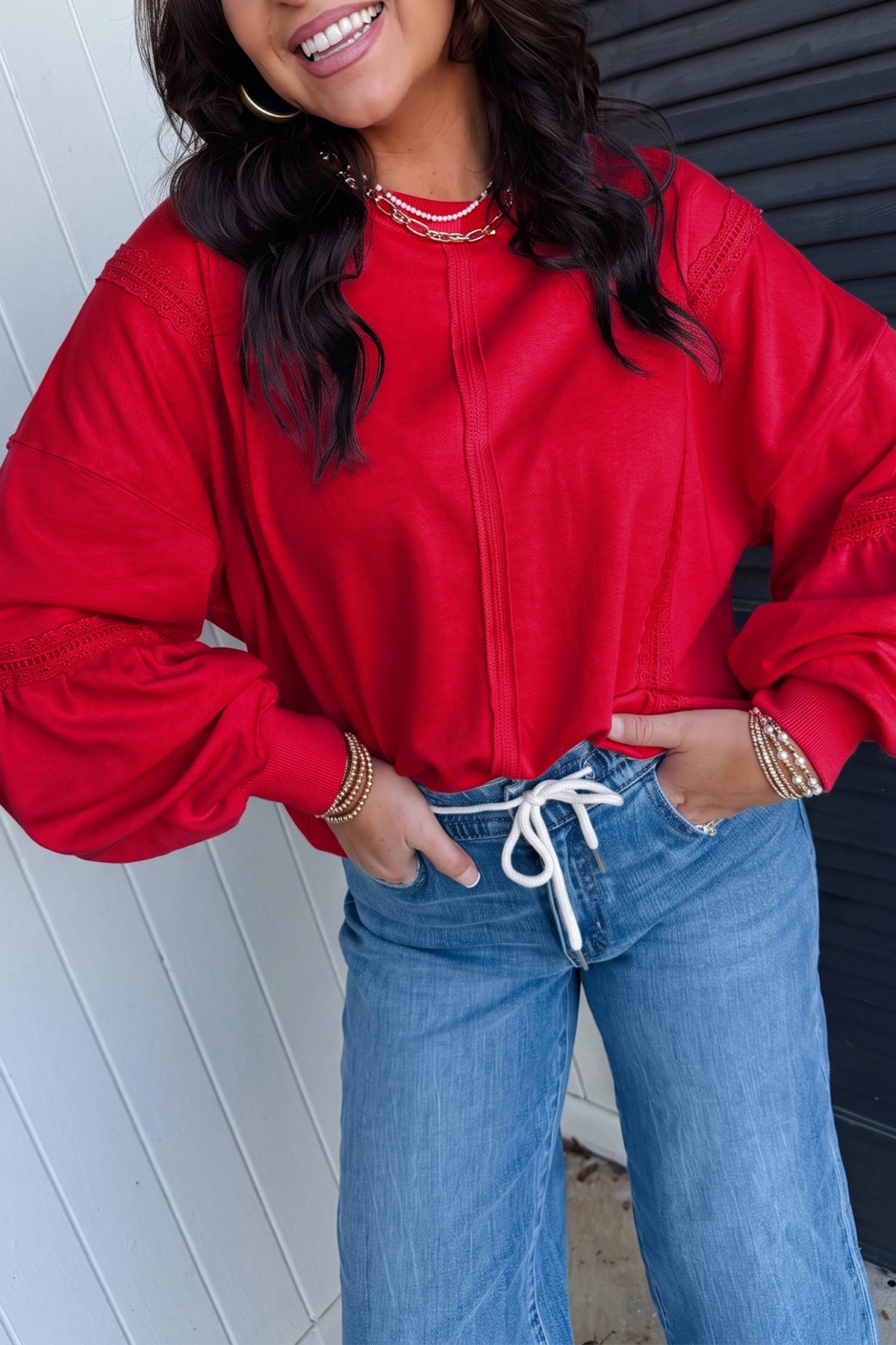 Parchment Solid Color Raw Seam Lace Detail Loose Casual Sweatshirt
