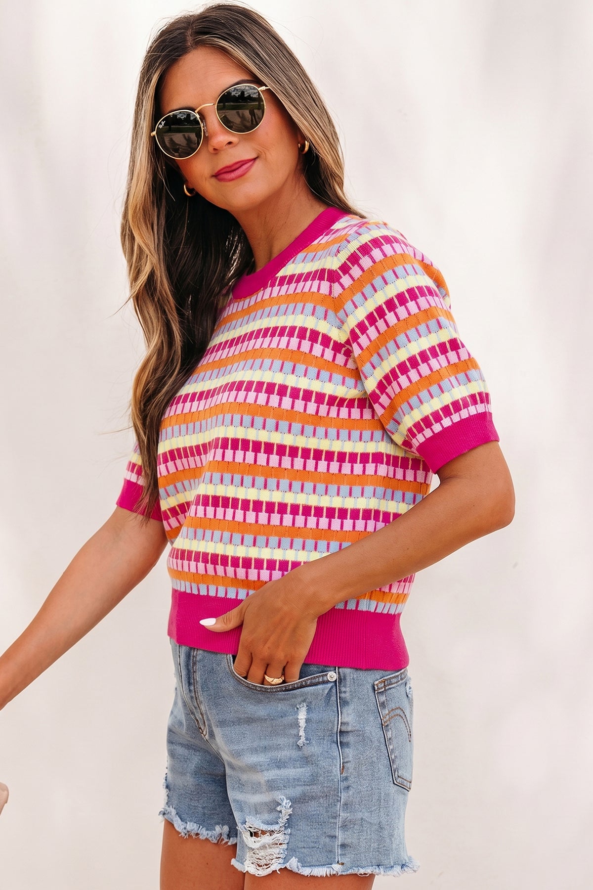 Purple Abstract Striped Knit Short Sleeve Sweater