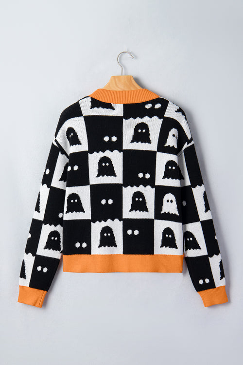 Black Geometric Ghost Print Drop Shoulder Knit Cardigan