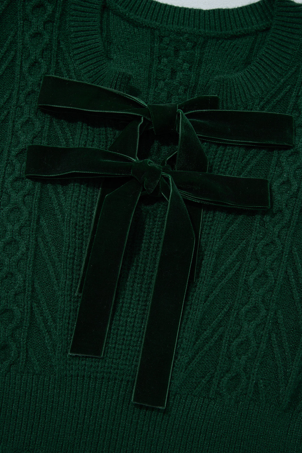 Blackish Green Ribbed Cable Knit Ribbon Knot Sweater Mini Dress