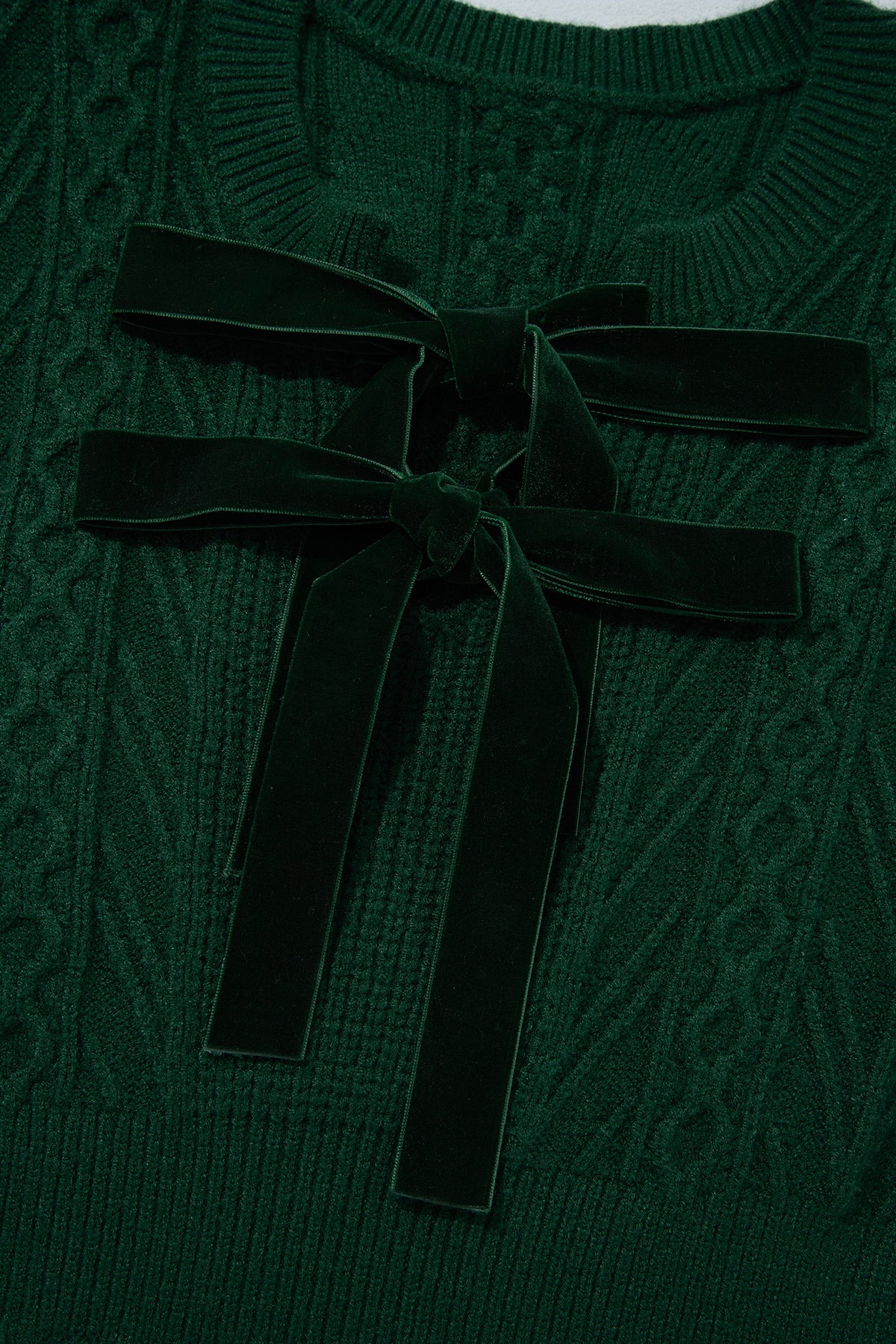 Blackish Green Ribbed Cable Knit Ribbon Knot Sweater Mini Dress