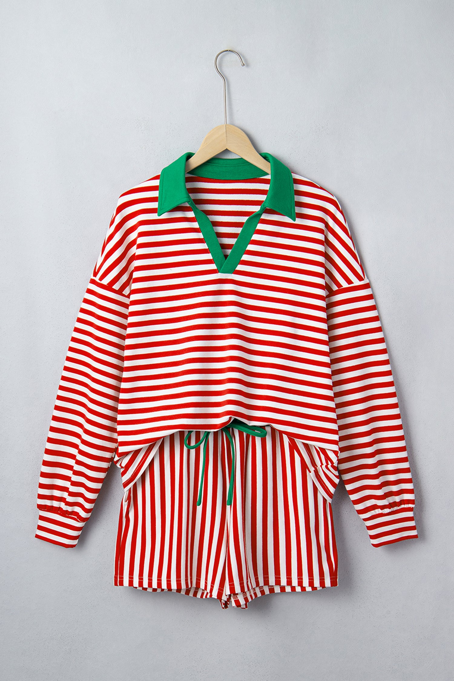 Red Stripe Colorblock Trim Polo Collar Drawstring Elastic Waist Band Casual 2pcs Outfit