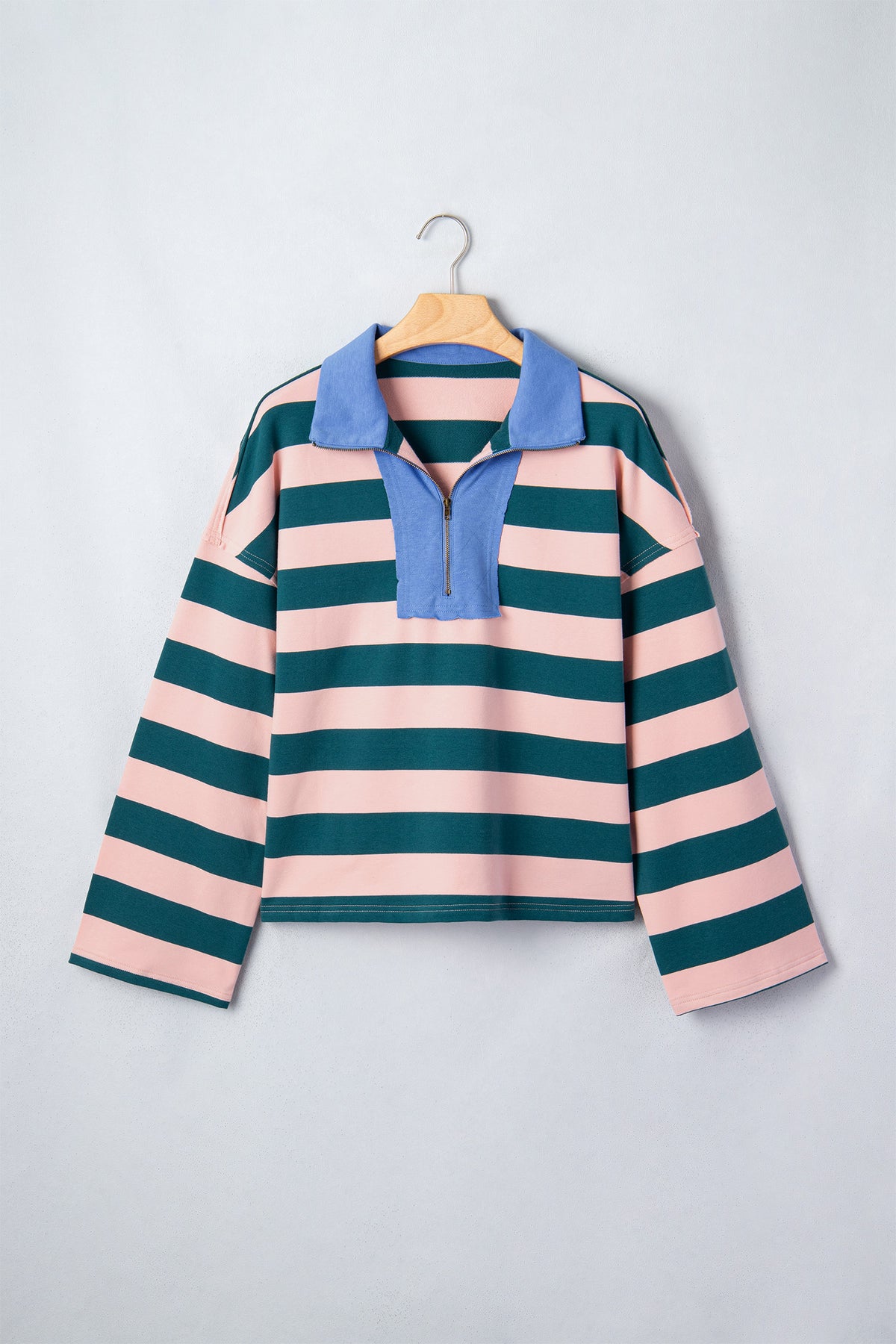 Green Stripe Quarter-Zip Metal Zipper Cover Stitch Hem Top