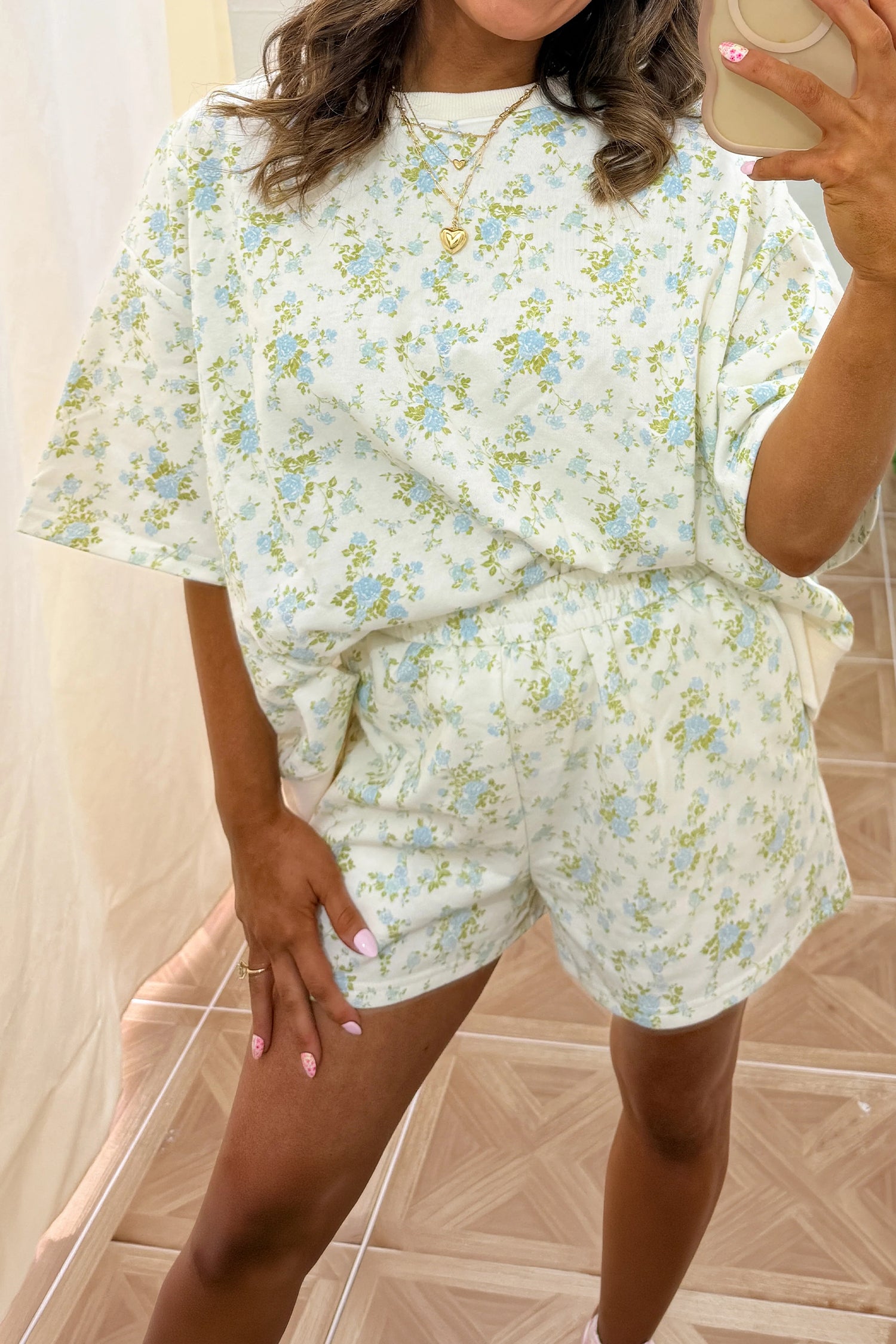 Pink Floral Print Short Sleeve Elastic Waist Pocket Casual Two Piece Short Sets