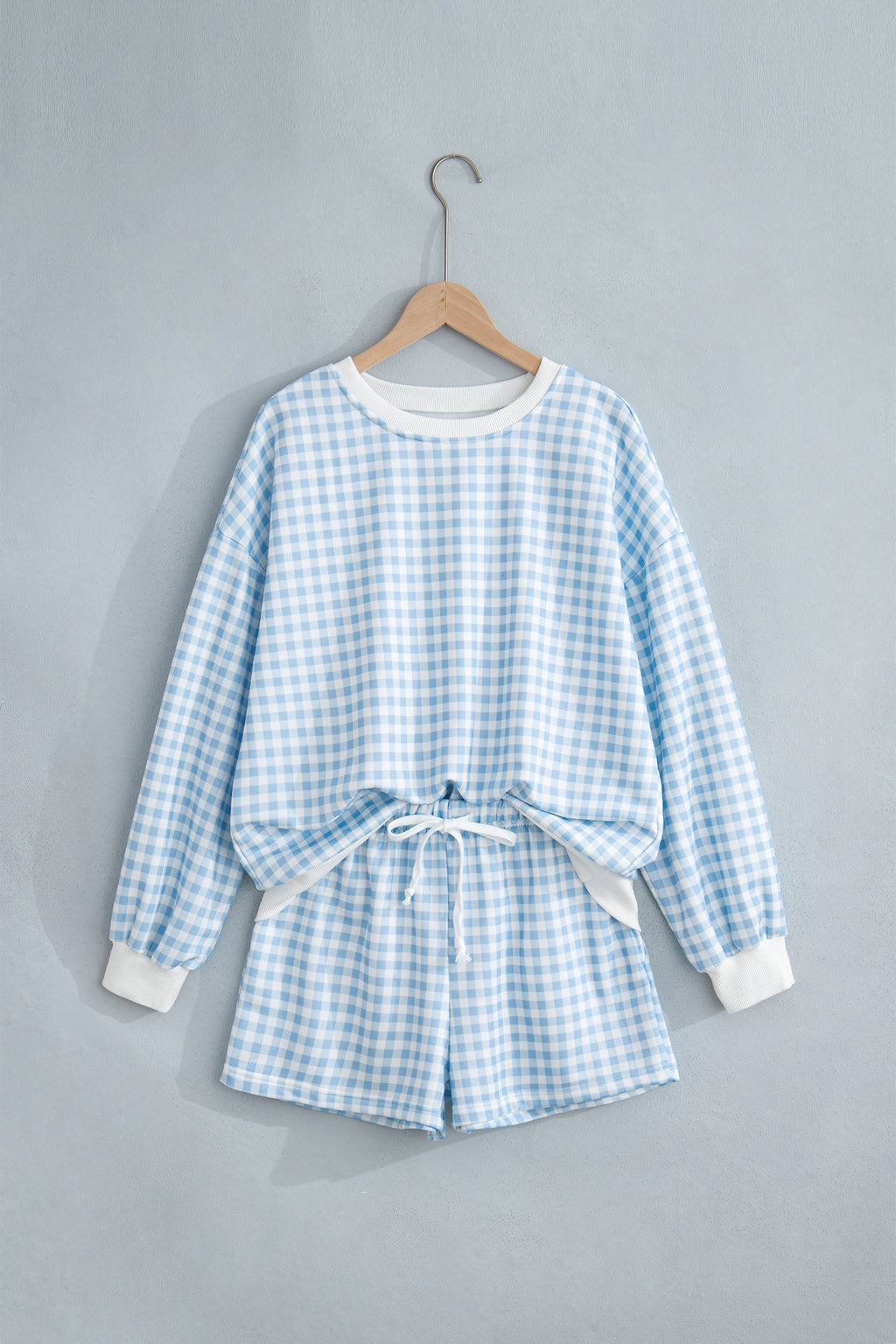 Sky Blue Plaid Baggy Pullover Drawstring Casual Shorts 2pcs Outfit