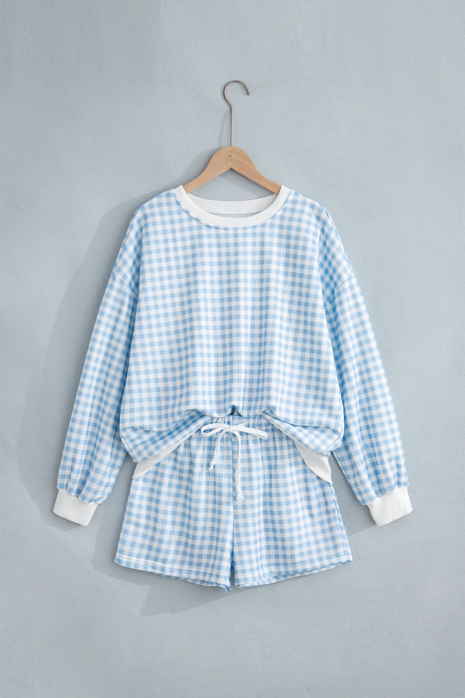 Sky Blue Plaid Baggy Pullover Drawstring Casual Shorts 2pcs Outfit