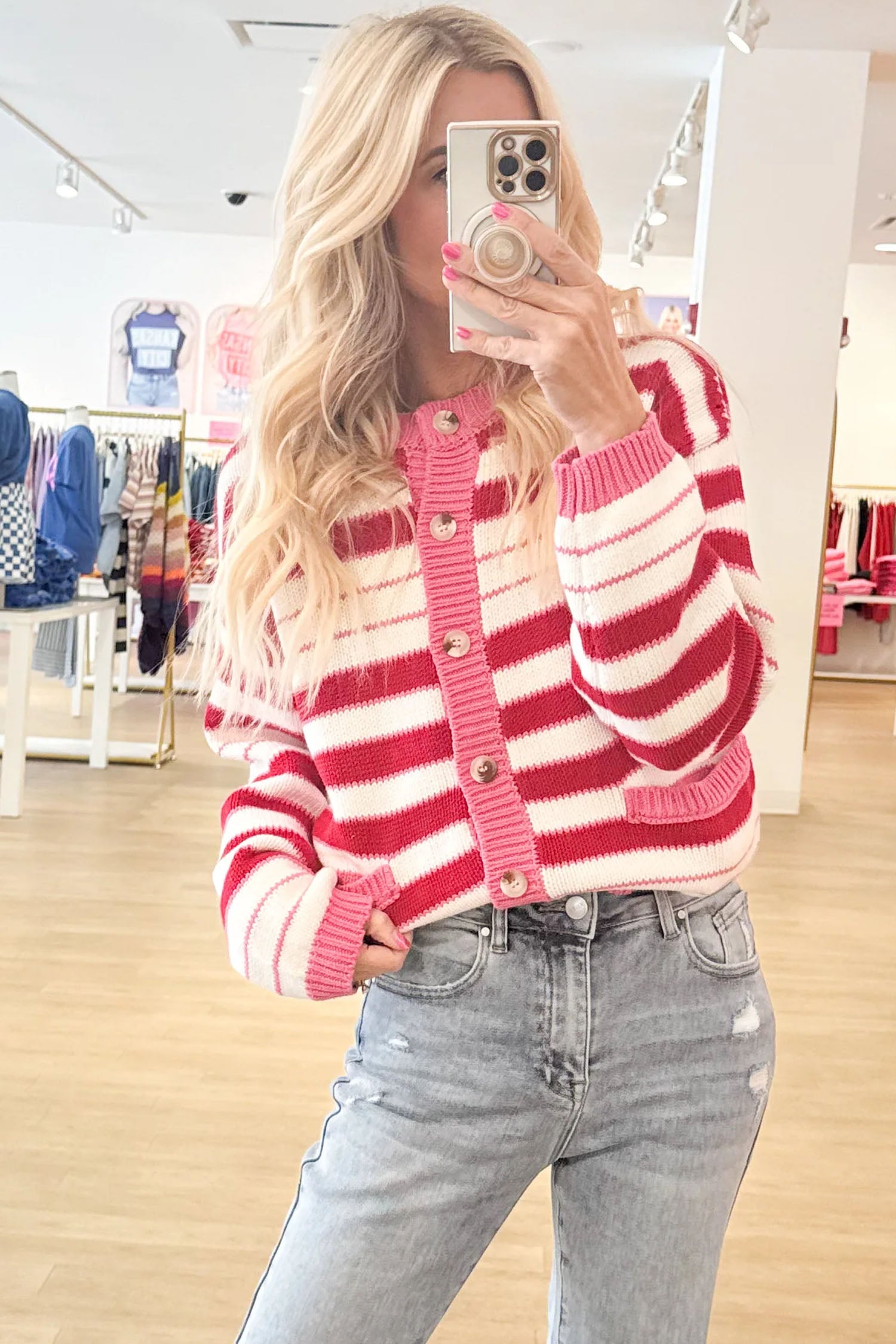 Red Stripe V Neck Long Sleeve Regular Fit Cardigan