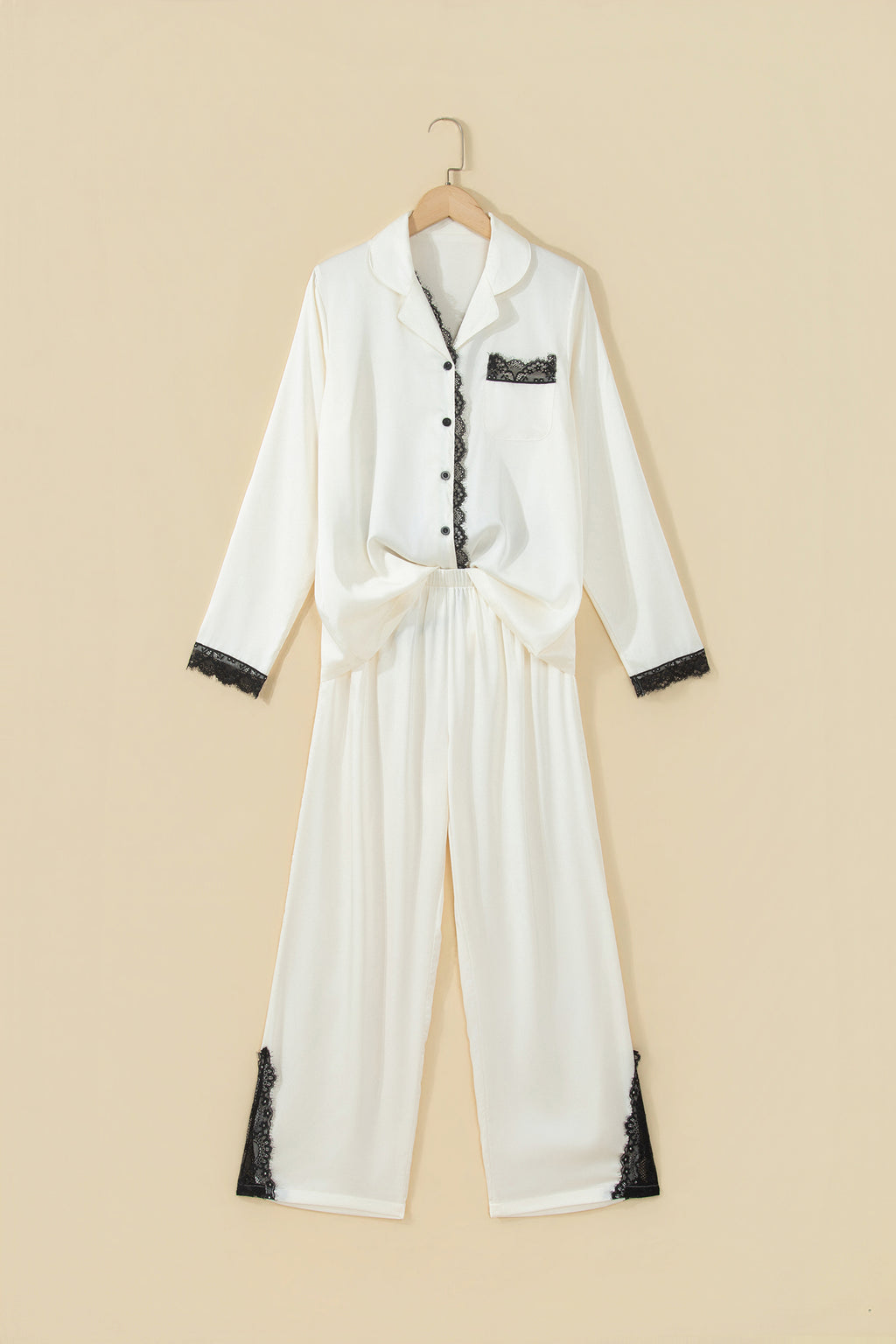 White Long Sleeve Lace Trim Button Front 2pcs Pajama Set