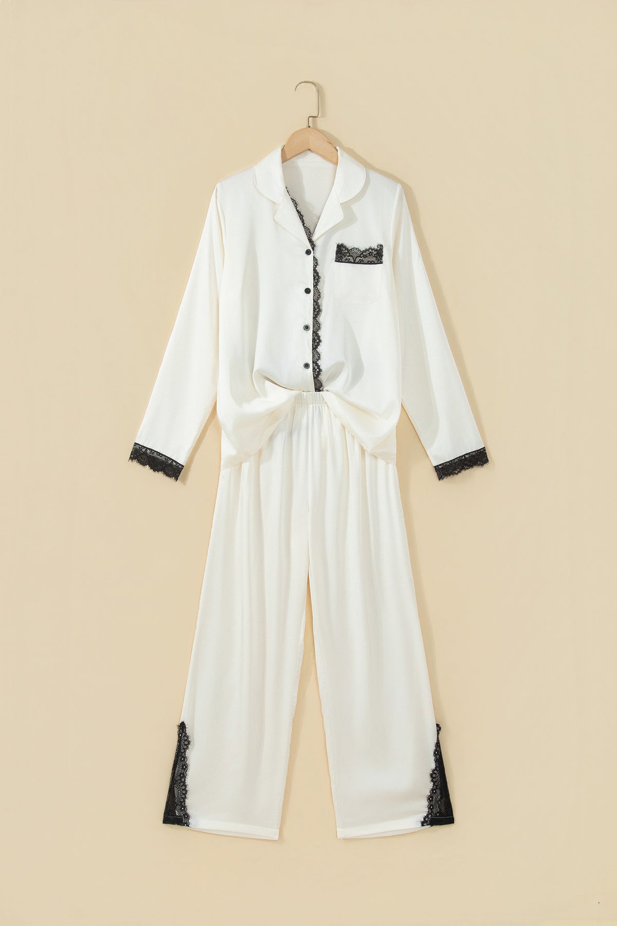 White Long Sleeve Lace Trim Button Front 2pcs Pajama Set
