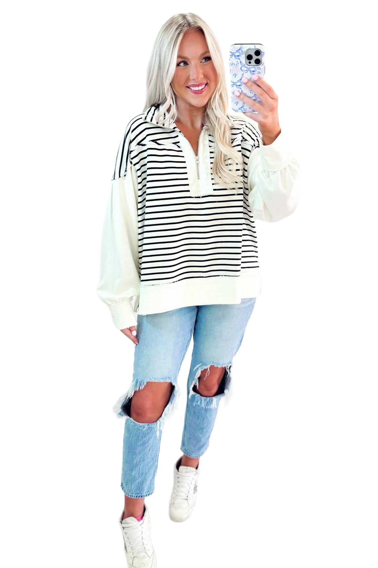 White Stripe Color Block Long Puff Sleeve Metal Zip-Up Collar Top