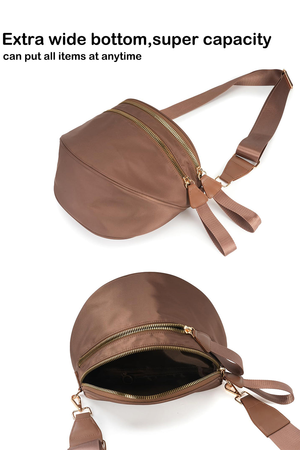 Dark Grey Double Zip Crescent Shape Adjustable Sling Bag