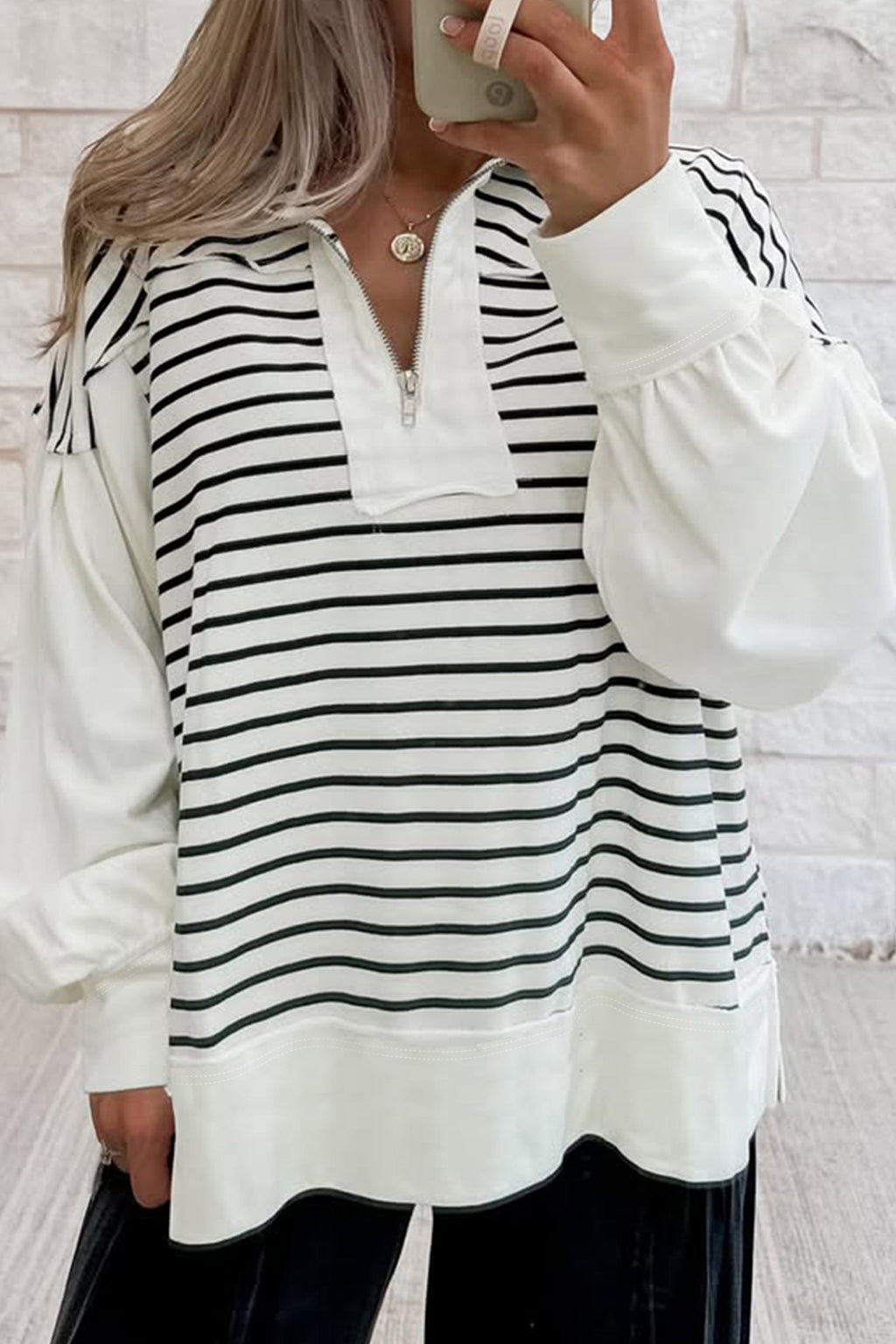 White Stripe Color Block Long Puff Sleeve Metal Zip-Up Collar Top