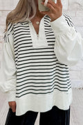 White Stripe Color Block Long Puff Sleeve Metal Zip-Up Collar Top