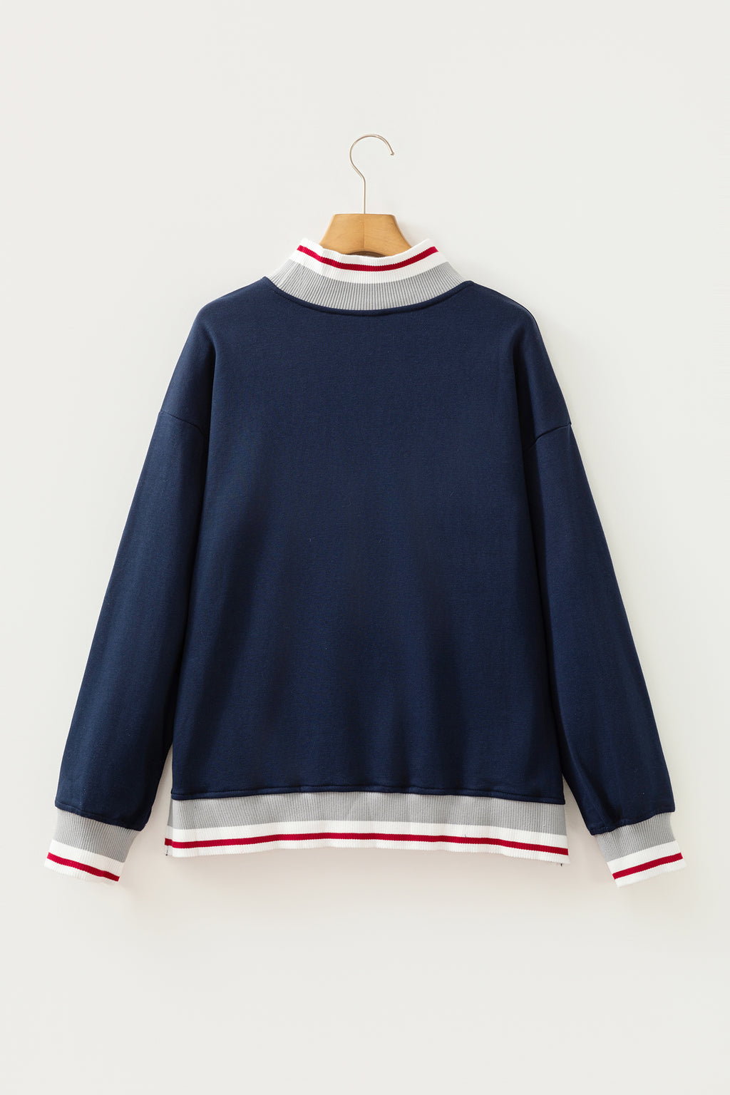 Navy Blue Ribbed Stand Neck Long Sleeve Loose Fit Sweatshirt