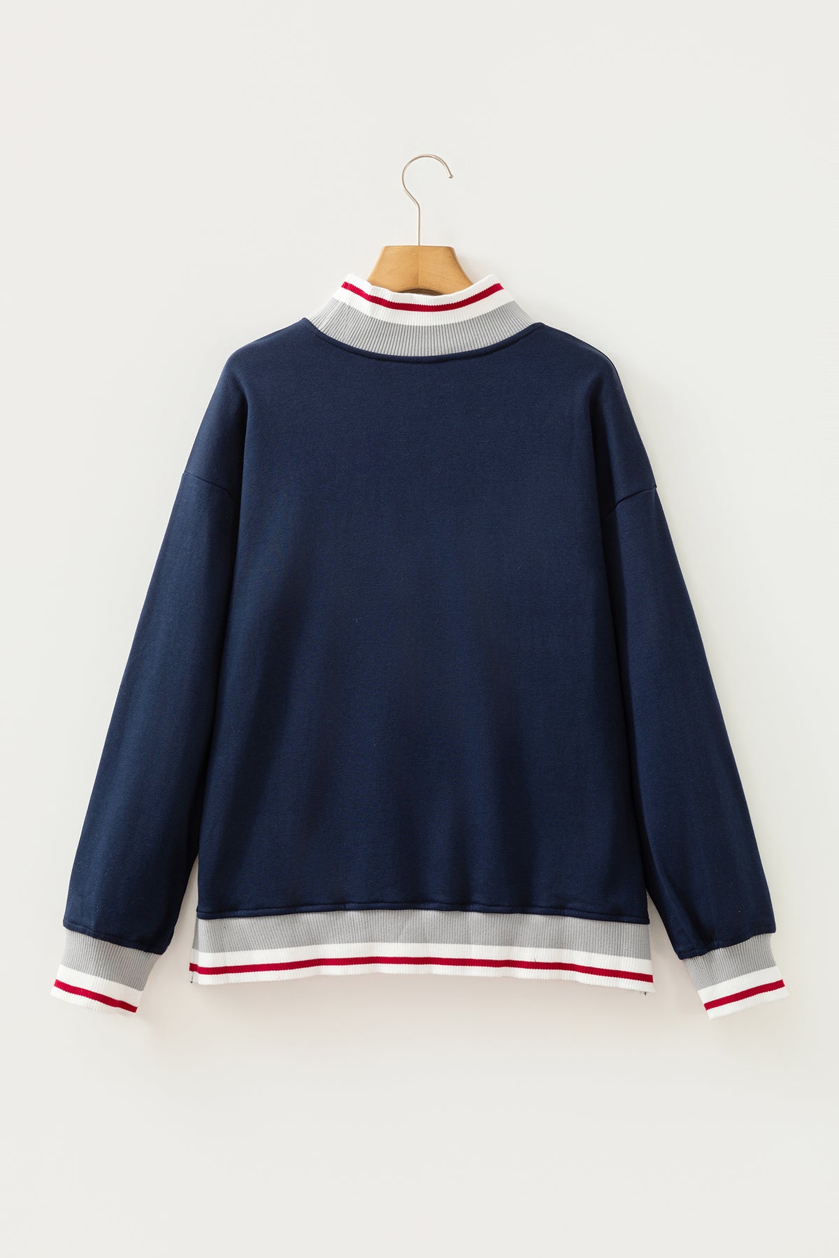 Navy Blue Ribbed Stand Neck Long Sleeve Loose Fit Sweatshirt