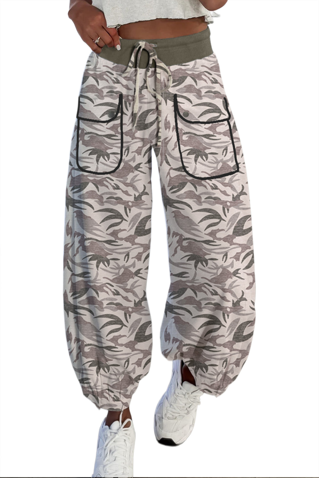 Multicolour Drawstring Contrast Waistband Camouflage Cargo Barrel Pants