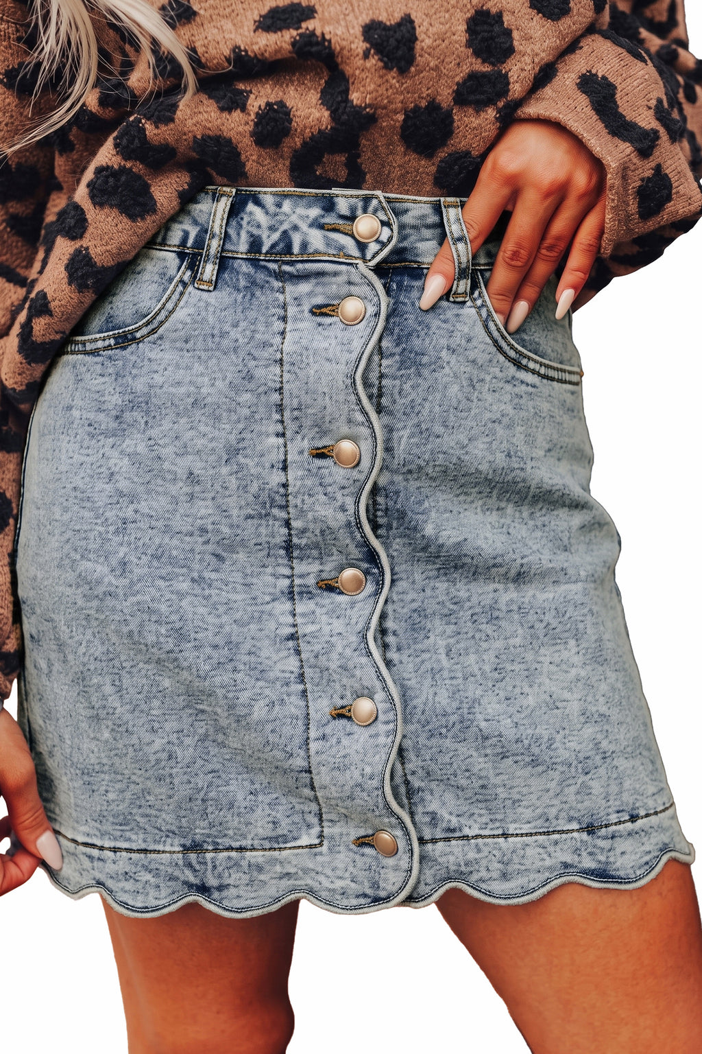Myosotis Scalloped Detail Button Front Short Denim Skirt